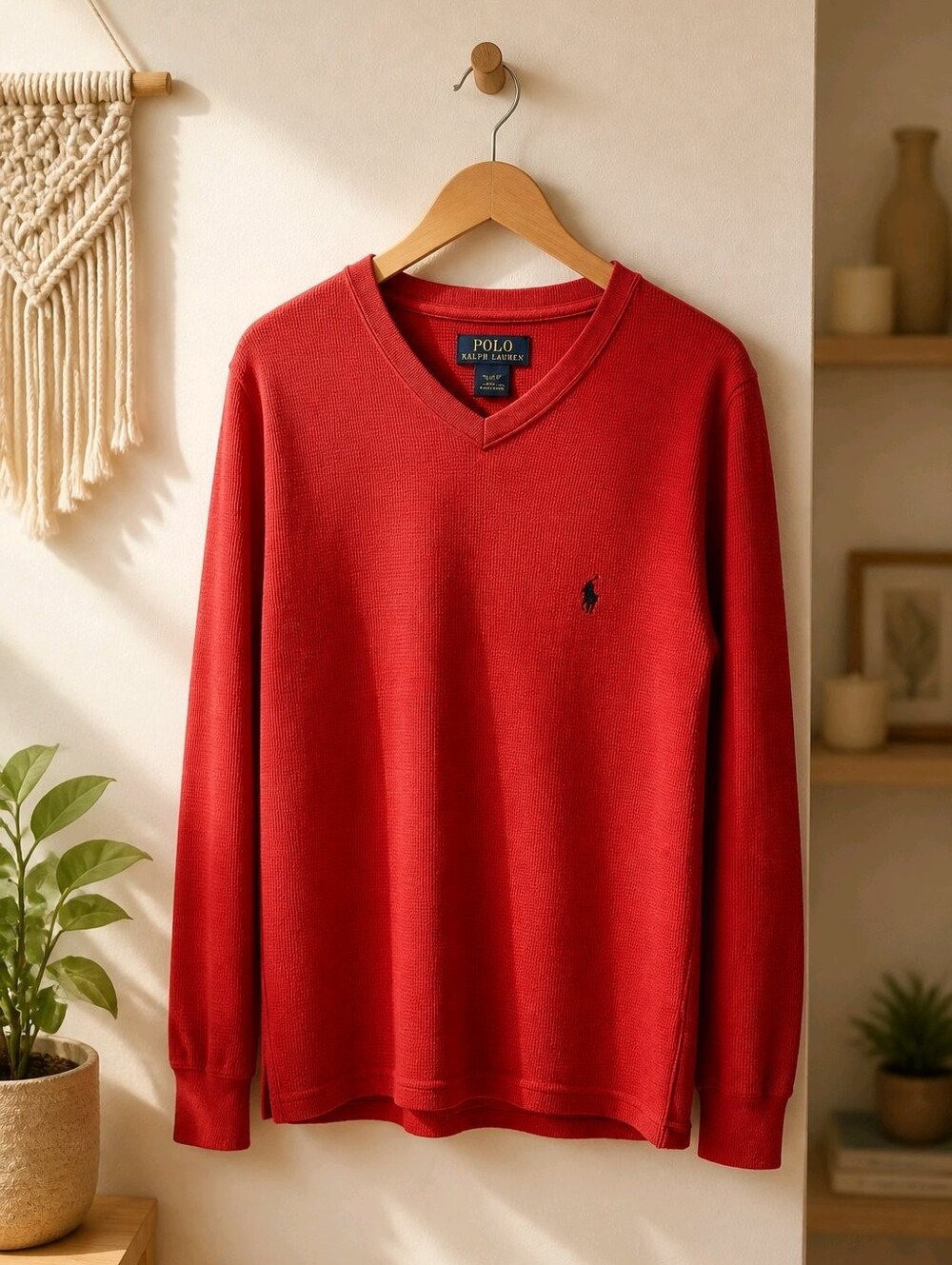 Polo by Ralph Lauren Red V-Neck Sweater with Navy Pony Men's Sz Medium